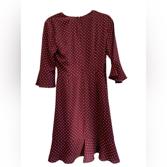 Adrianna Papell Feminine Burgundy Polka Dot Ruffle Wrap Dress 3/4 Sleeve Size 4 - Picture 2 of 5